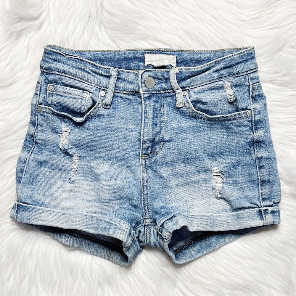 Ivy + Main Distressed Cuffed High Rise Shorts Light Denim Wash Size 1